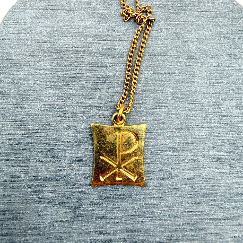 Gold Tone Chi Rho Christian Pendant Necklace Religious Faith Symbol Jewelry